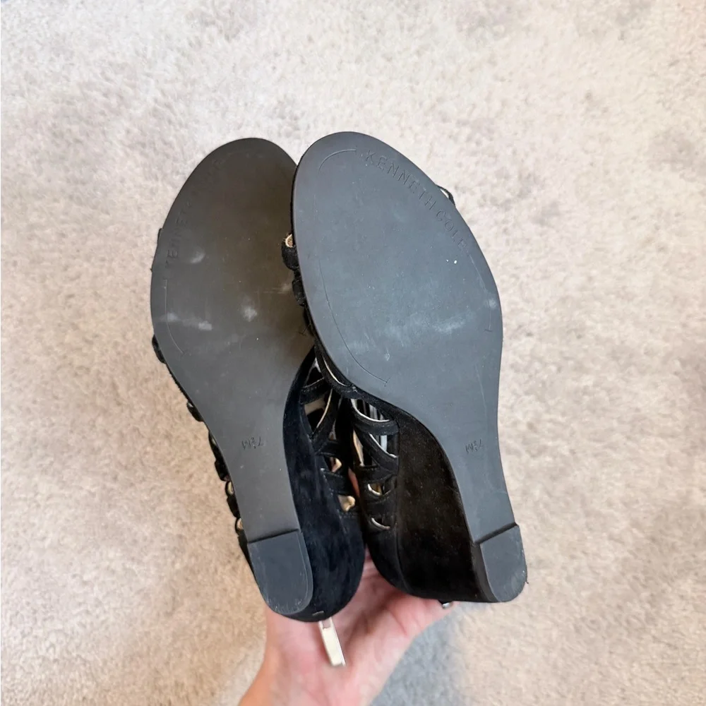 Black Suede Lace-Up Wedge Sandals – Size 7.5M
